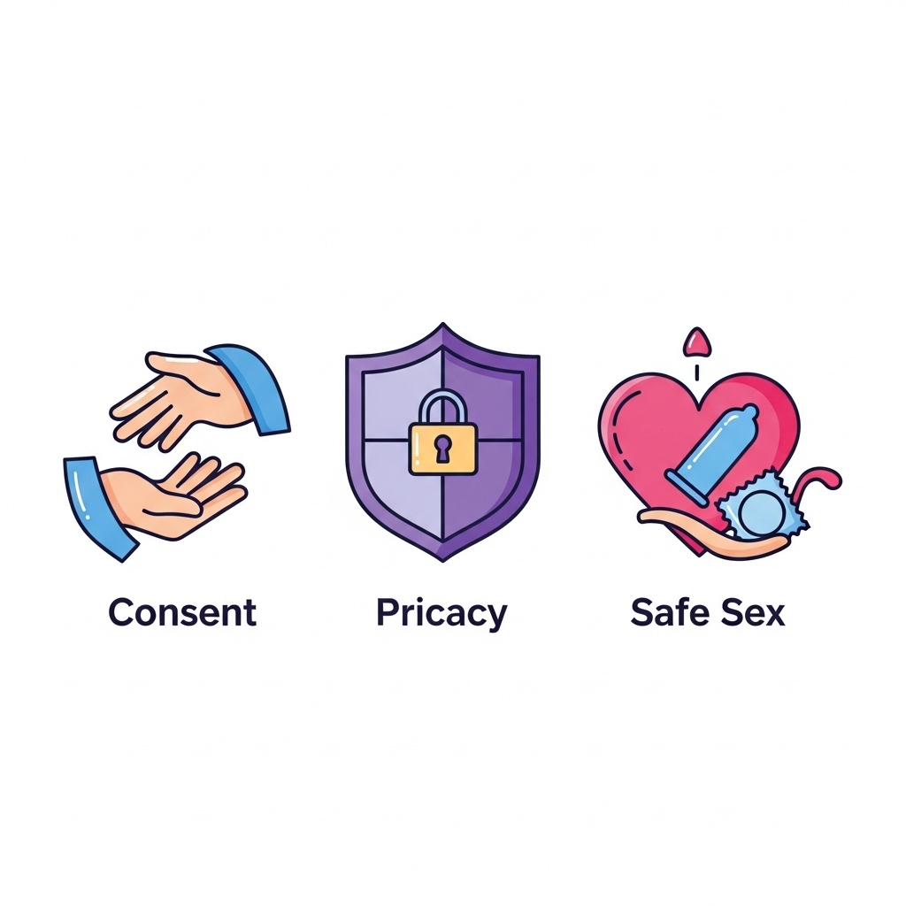 Icons representing consent, privacy, and safe sex